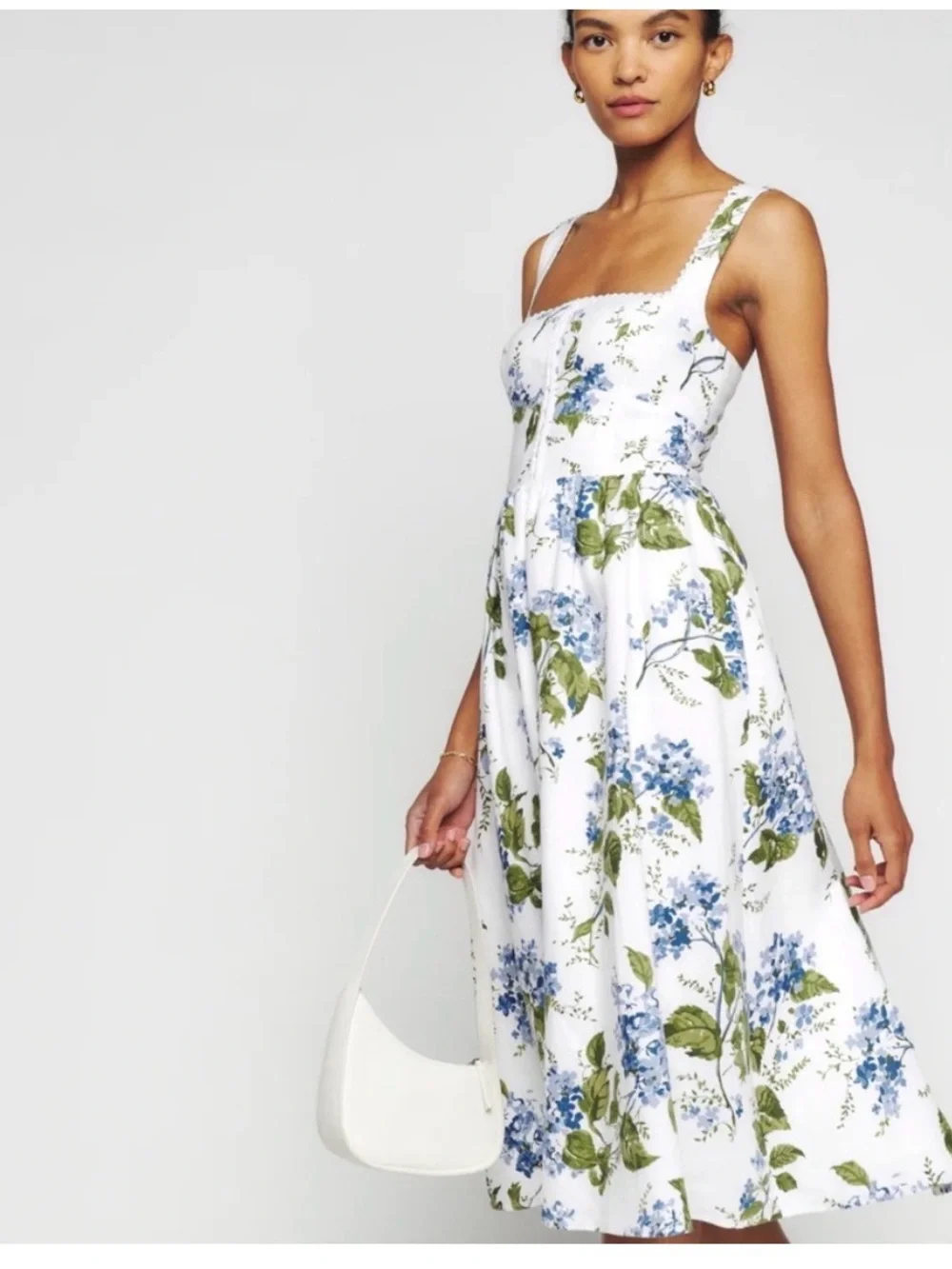Reformation White Midi Dress with Blue Floral Print - Picture 2 of 10